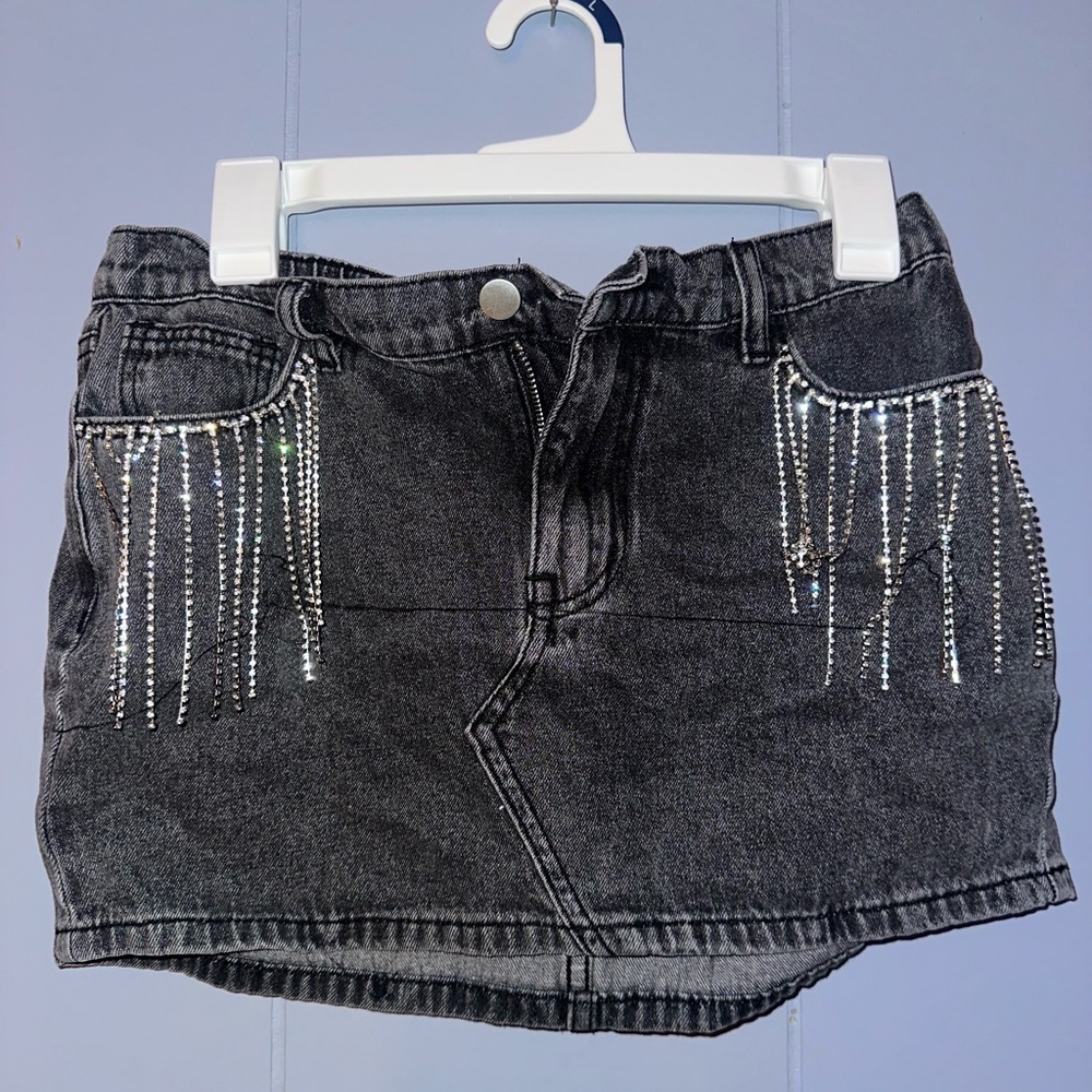 Charlotte Russe Black Denim Skirt with Sparkling Fringe
